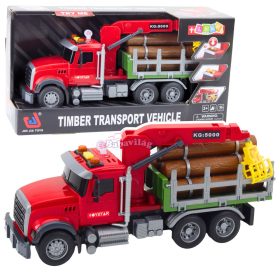 Fa szállító teherautó daruval piros 1:14