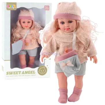   Édes Angyalbaba gyapjú pulóverben, táskával és kalappal, 36 cm