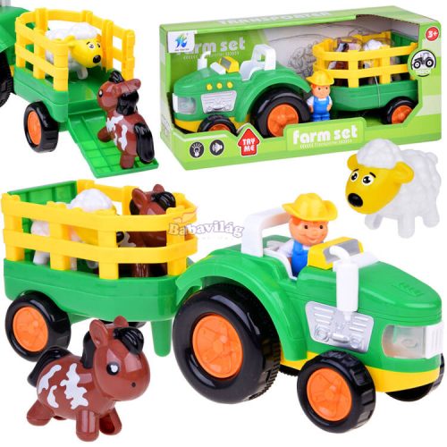 Traktor pótkocsival Farmer és állatok hang+fény