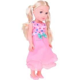 Elegáns szőke hajú baba, 45 cm-es  - pöttyös ruhában