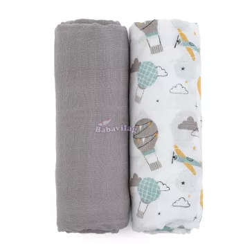 Bambusz muszlin 2db-os szett Misty Grey Planes, 120 x 120 cm