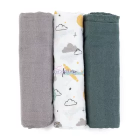   PETITE&MARS Bambusz muszlin 3db-os pelenka szett Moussy Grey Planes, 68 x 68 cm