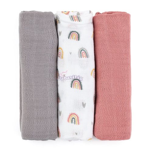 PETITE&MARS Bambusz muszlin 3db-os pelenka szett Moussy Rose Rainbows, 68 x 68 cm